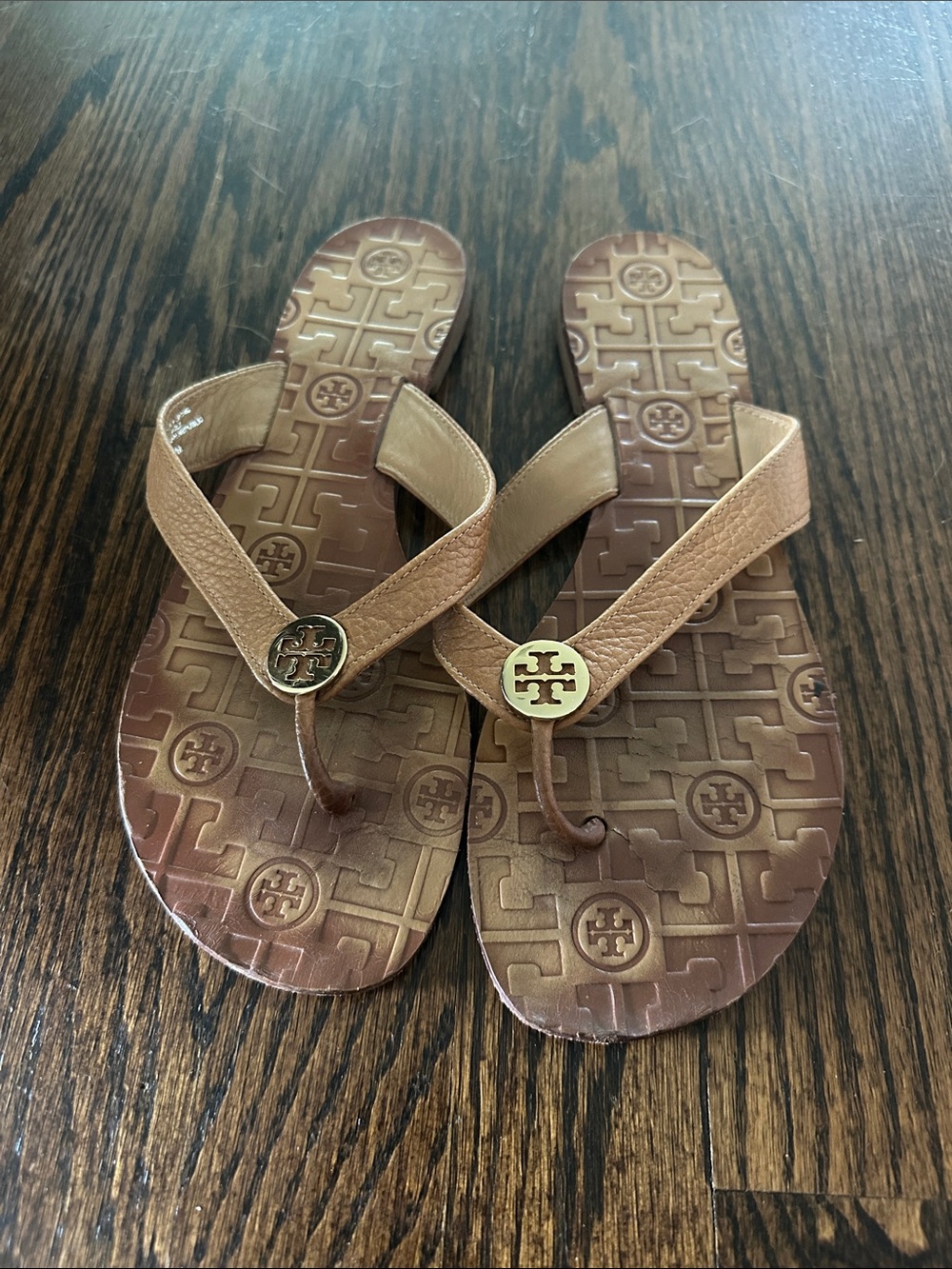 Tory Burch Brown Tan Logo Thong Sandals